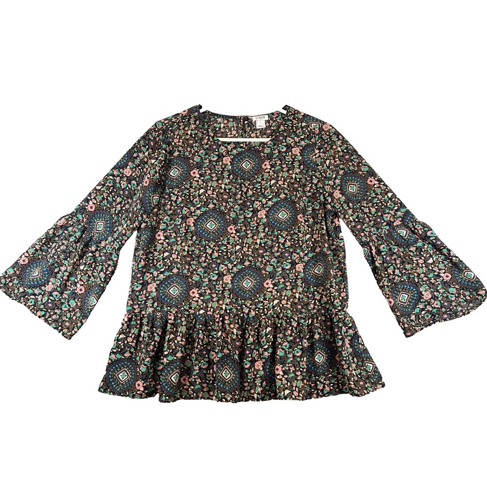 J Crew Blouse Top Womens Size Small Bell Sleeve Peplum Floral H5386